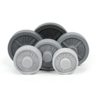 Set of gray silicone weights with 'BUFF' branding on a white background