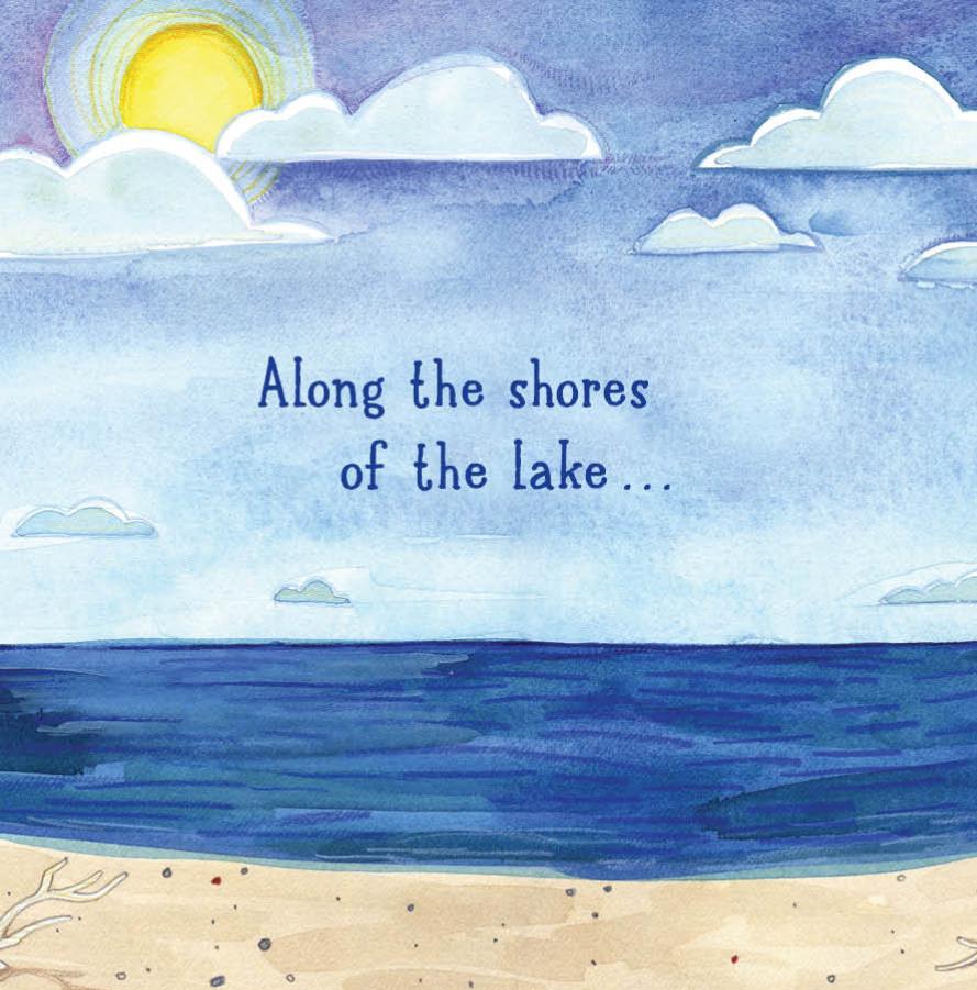 Watercolor painting of a lake scene with clouds and a moon, featuring text 'Along the shores of the lake...'.