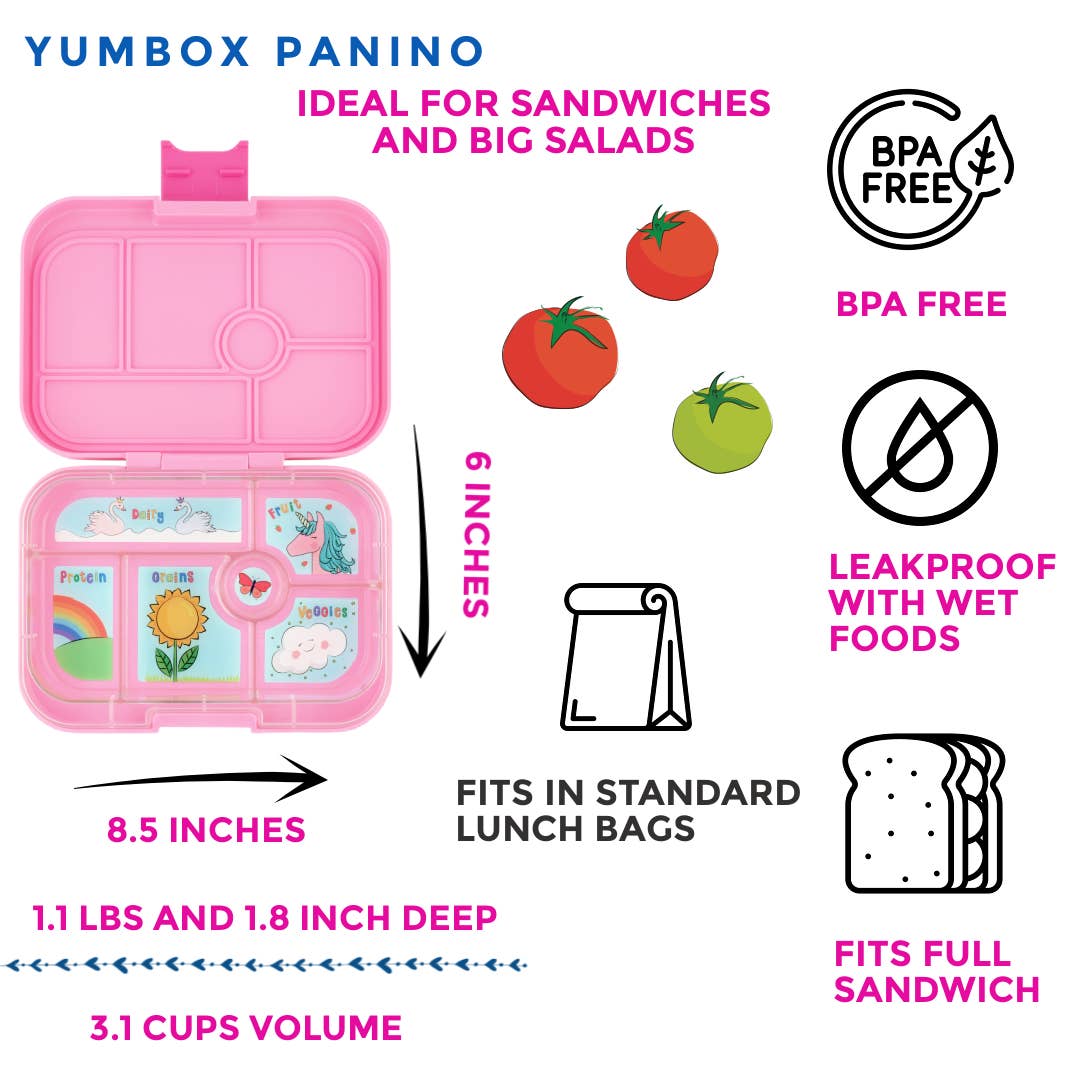 Pink Yumbox Panino lunch box with features listed on a white background