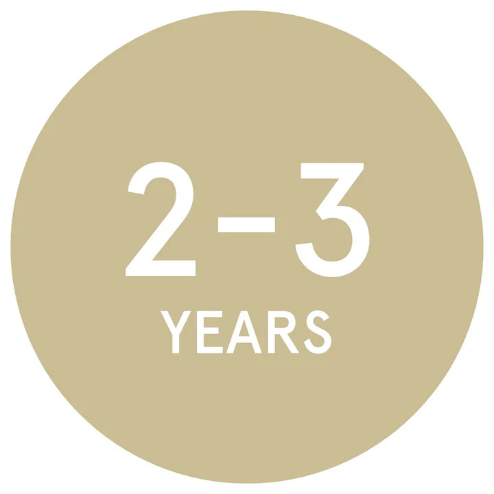 A circular beige graphic with white text reading '2-3 YEARS' on a plain white background.