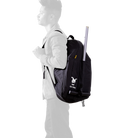 Mannequin wearing a black backpack with a logo on a white background