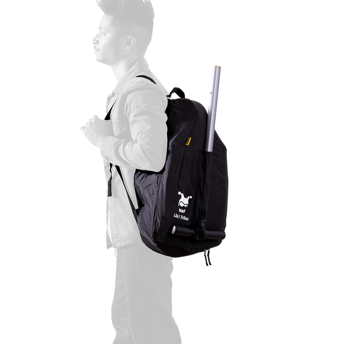 Mannequin wearing a black backpack with a logo on a white background