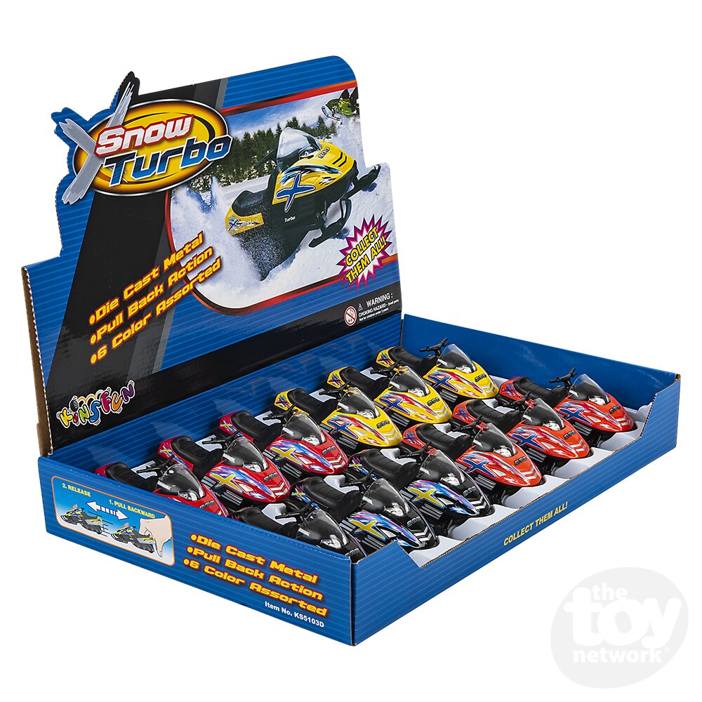 Display box of Snow Turbo toy snowmobiles with various models inside.