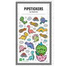 Sheet of colorful dinosaur stickers by Pipsticks on a white background