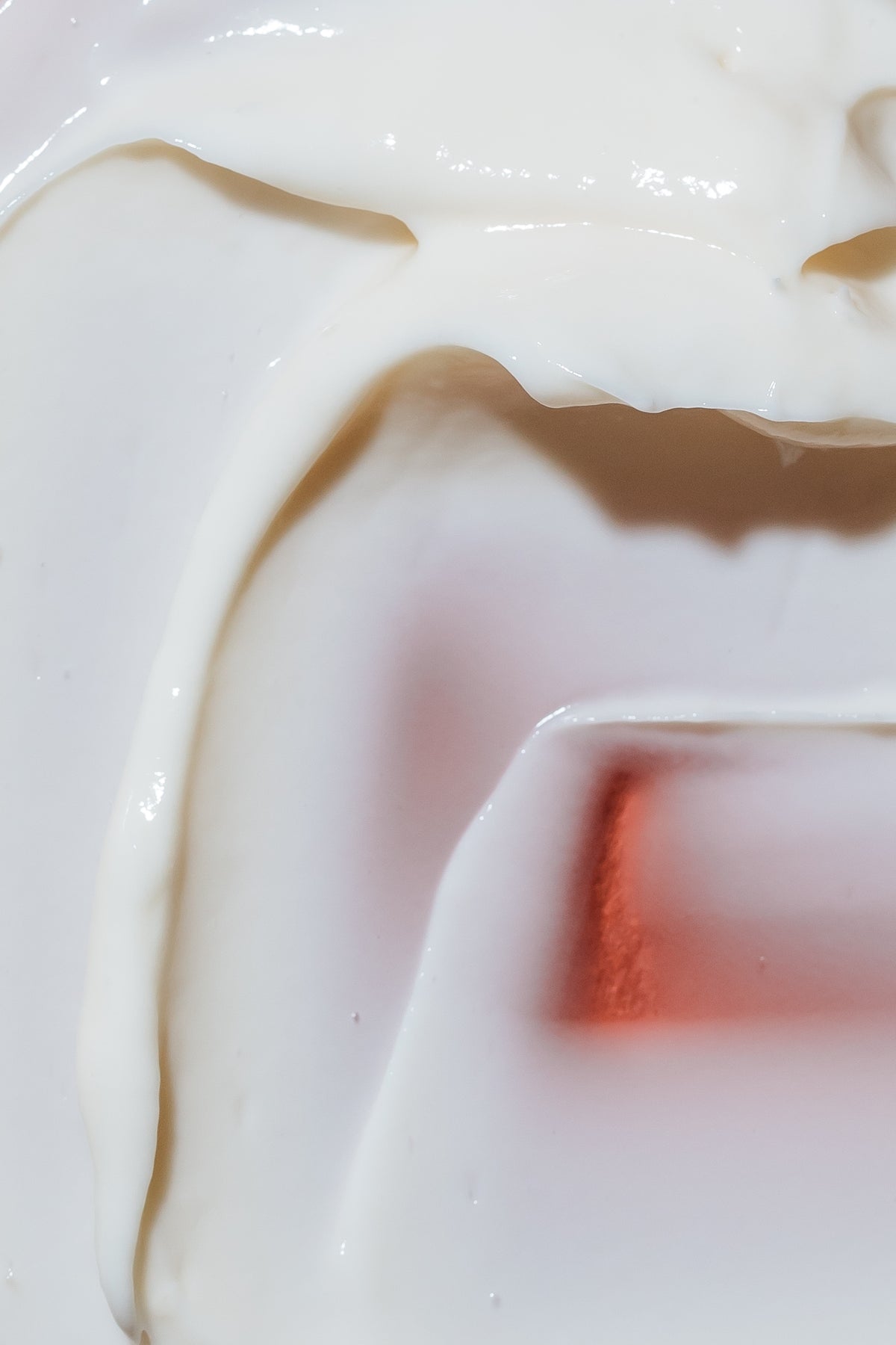 Close-up of a white ceramic plate with brown and red patterns