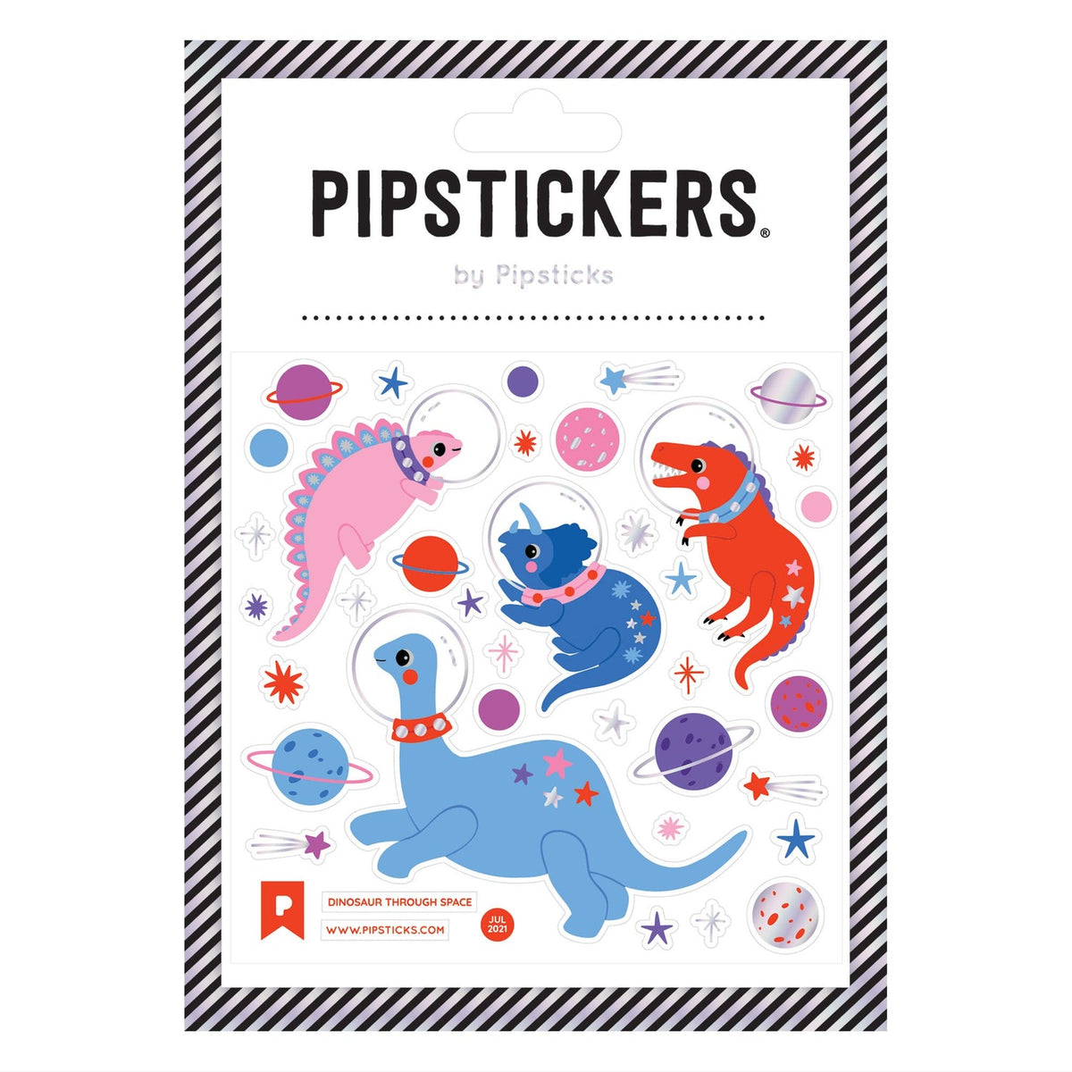 Pipsticks by Pipsticks dinosaur through space sticker sheet, featuring cartoon dinosaurs in a space theme with planets and stars on a white backing card with a black and white striped border.
