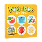 Children's book titled 'Poke-a-Dot! First Words' with colorful illustrations on a yellow background.