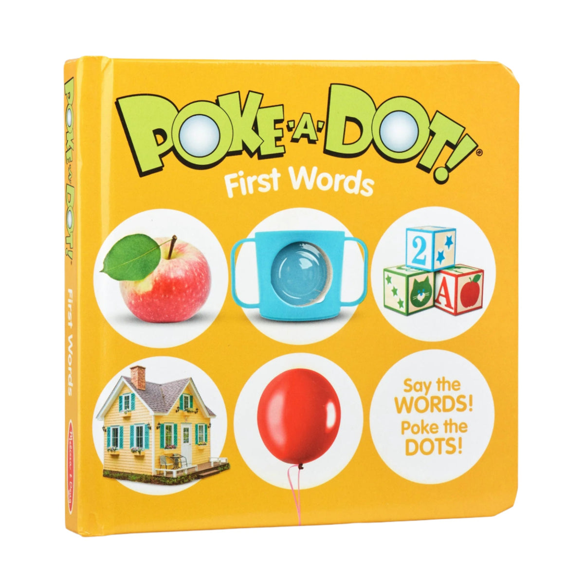 Children's book titled 'Poke-a-Dot! First Words' with colorful illustrations on a yellow background.