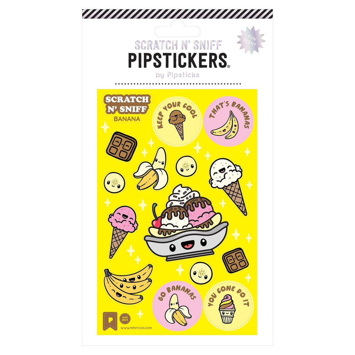 Packaging of Pipsticks Scratch 'N' Sniff stickers with banana-themed designs on a yellow background.