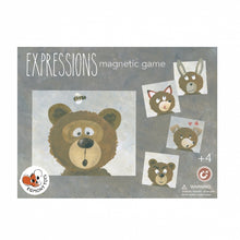 Box of 'Expressions' magnetic game with bear illustrations on a gray background