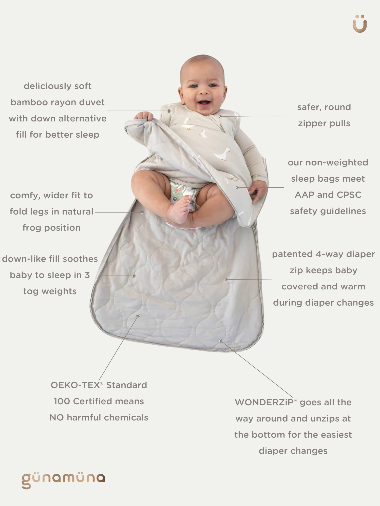 Günamüna bamboo rayon sleep sack featuring a light gray quilted design and a WONDERZiP diaper change zipper.