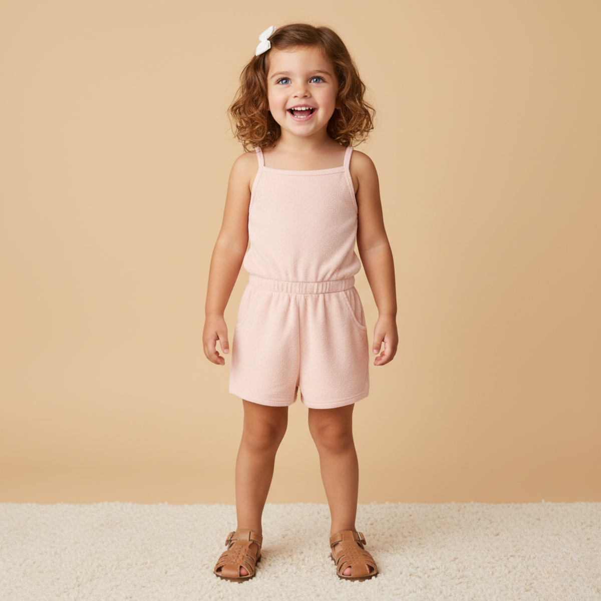 Young girl wearing a pink romper against a beige background