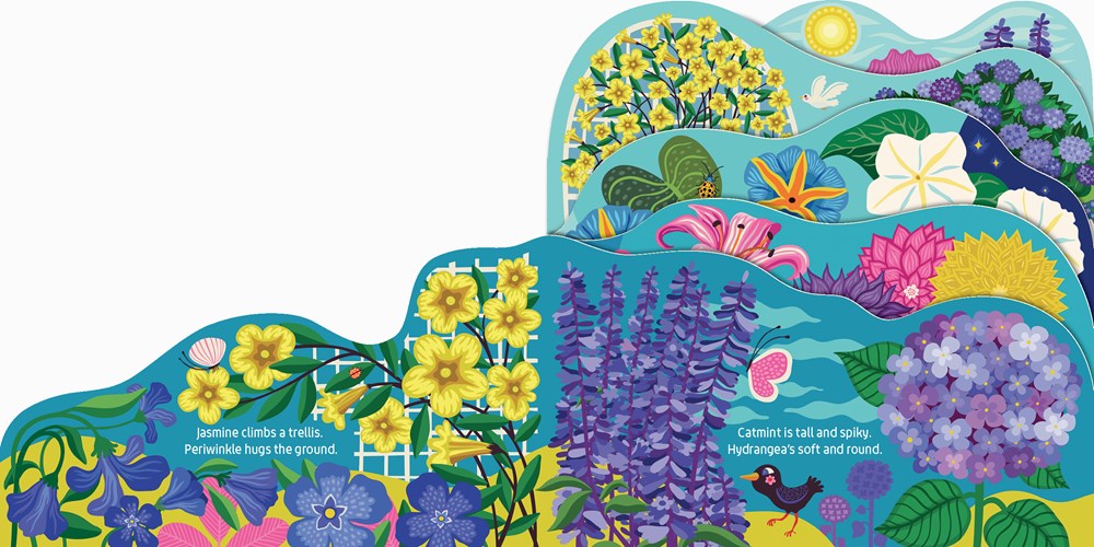 Colorful children's book with illustrations of flowers and animals on a white background