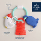 Teething ring with colorful components and text labels on a beige background