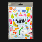 Sticker sheet packaging with colorful stickers on a black background