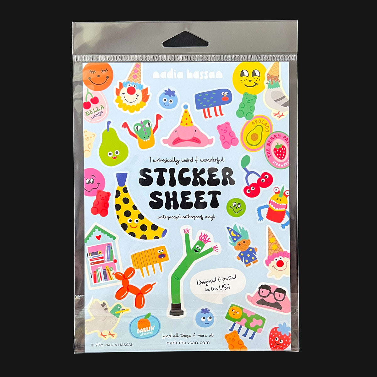 Sticker sheet packaging with colorful stickers on a black background