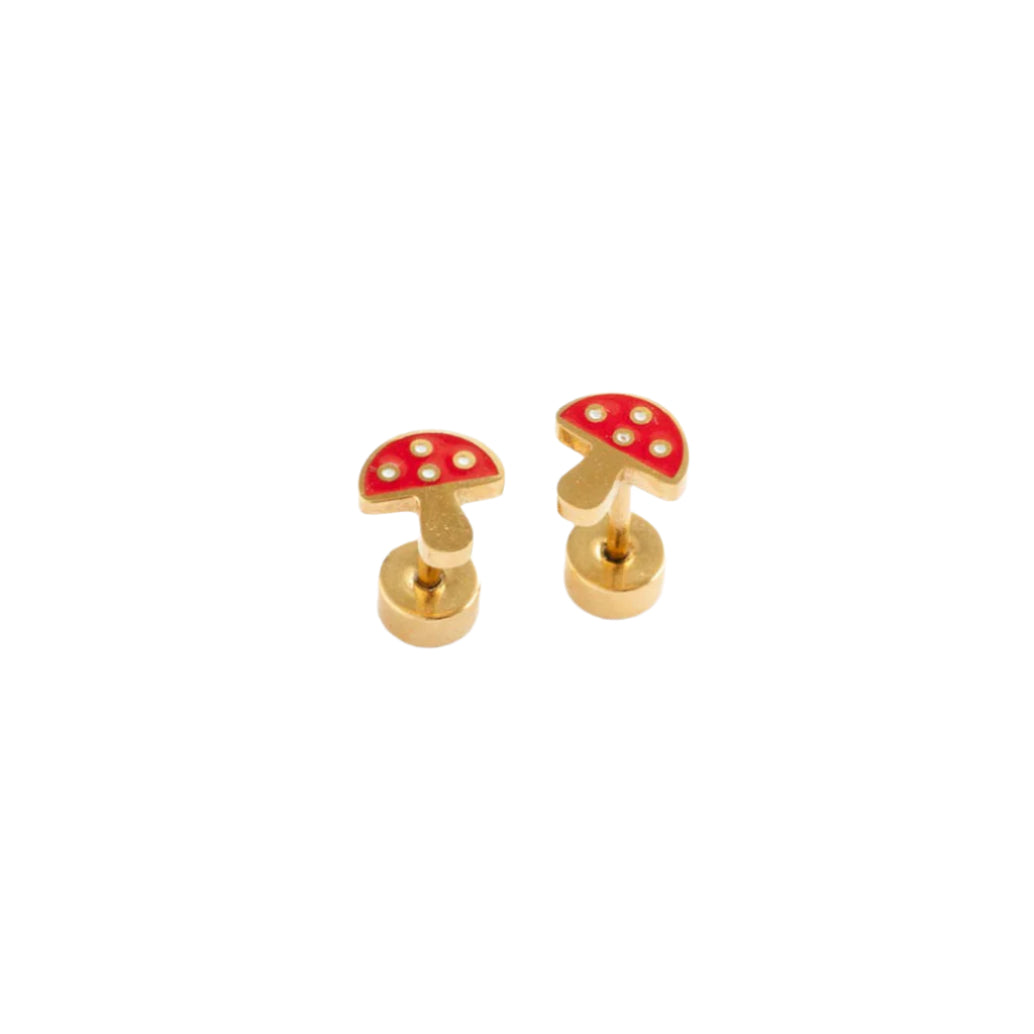 Red mushroom-shaped cufflinks on a white background