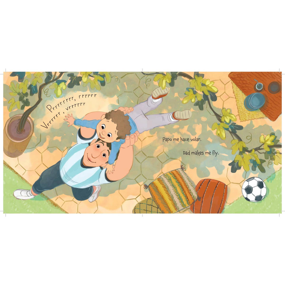 Illustration of a father and son playing together on a colorful rug.