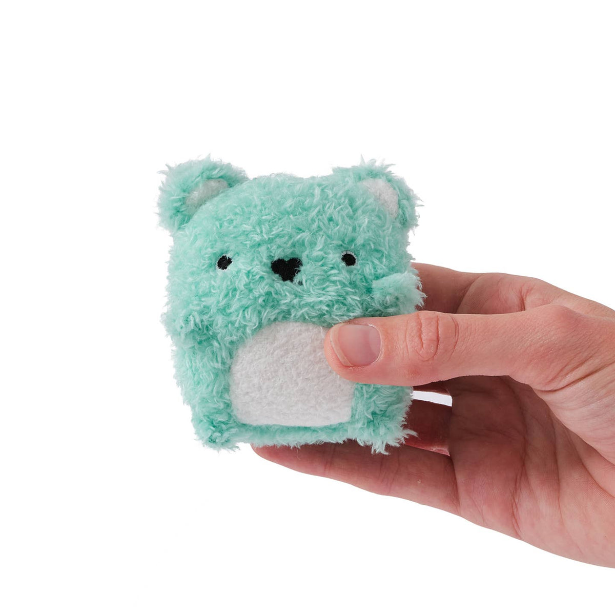 Small turquoise plush bear held in a hand against a white background