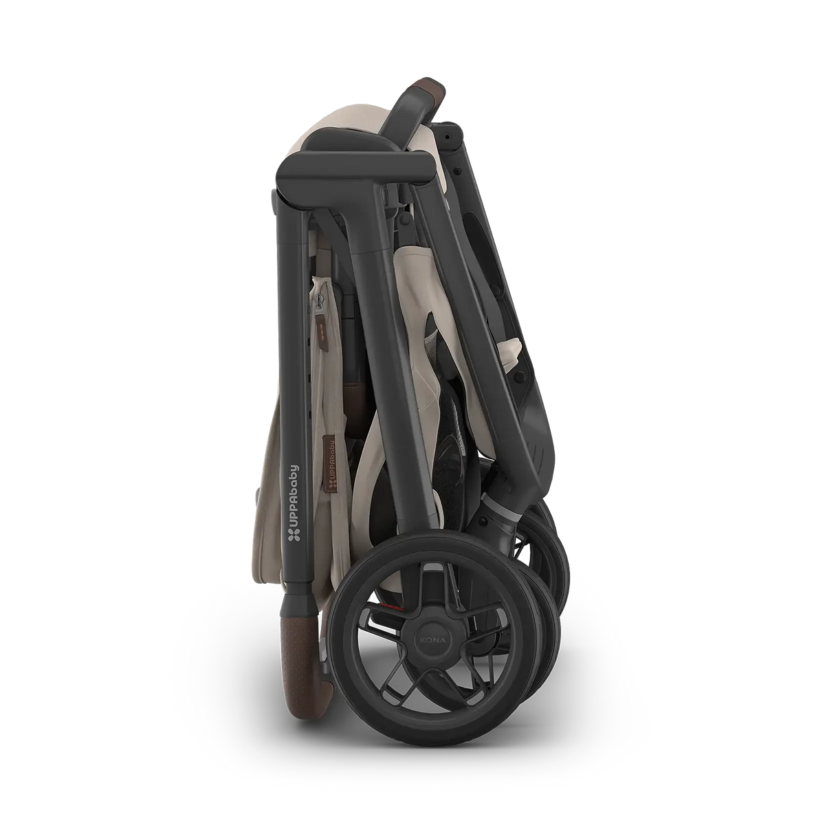 A folded stroller shown from the side on a clean white background. The stroller features a dark gray frame, beige fabric body, and brown accents on the handle and wheel.