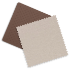 Two fabric/material swatches on a white background: a dark brown textured square with a dotted pattern underneath and a larger light beige woven swatch with scalloped edges layered on top.