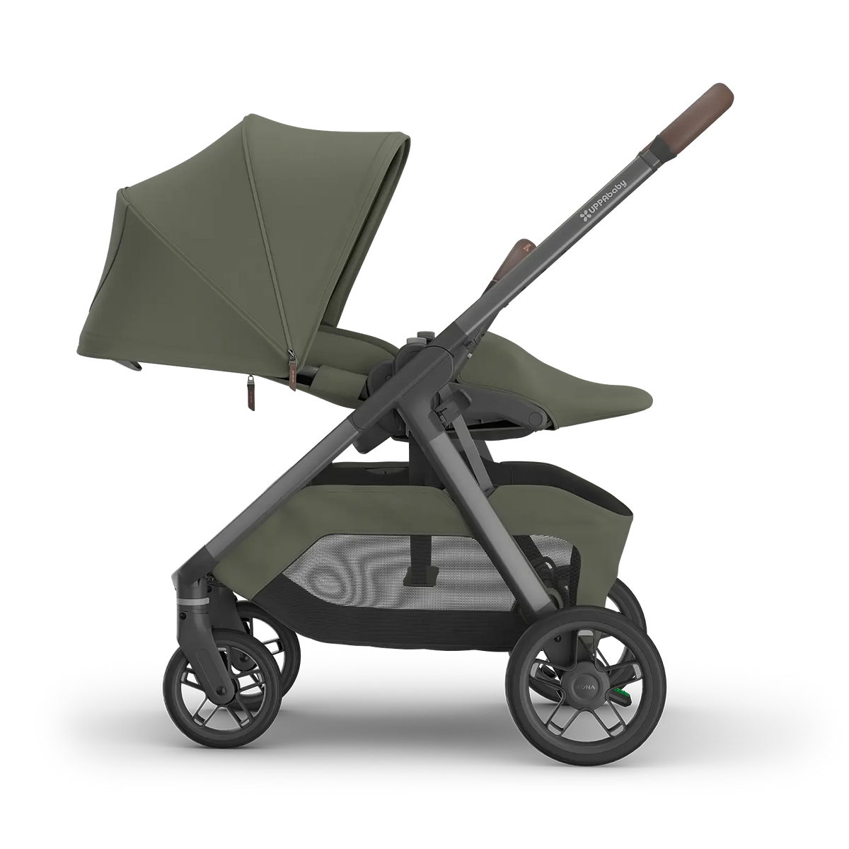 A stroller in olive green fabric with a dark gray frame and brown handle grips, shown from the side against a plain white background.