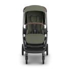 A stroller in sage green and dark gray, shown from a front-facing perspective on a clean white background.