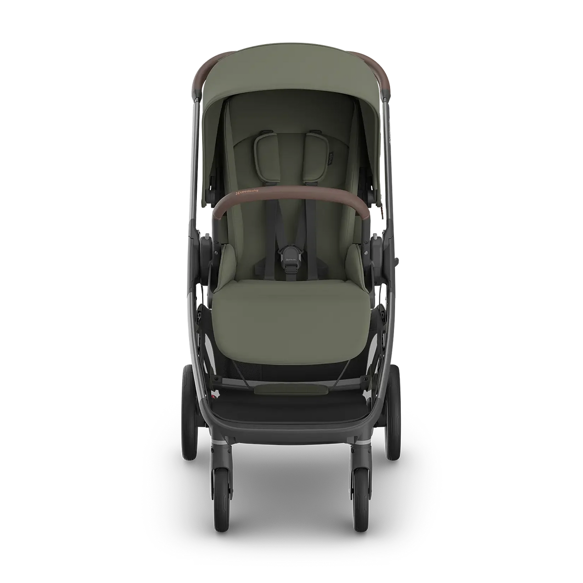 A stroller in sage green and dark gray, shown from a front-facing perspective on a clean white background.