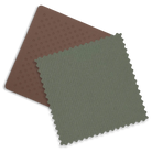 Two fabric or material swatches shown on a white background: a square olive green swatch with scalloped edges partially covering a brown rectangular swatch with a dotted texture.