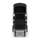 A black baby stroller with a matching canopy and seat liner, shown from a front-facing perspective on a clean white background.