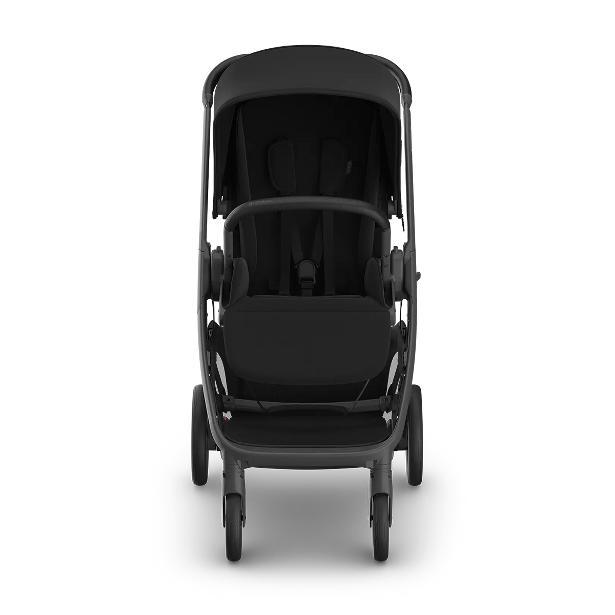 A black baby stroller with a matching canopy and seat liner, shown from a front-facing perspective on a clean white background.