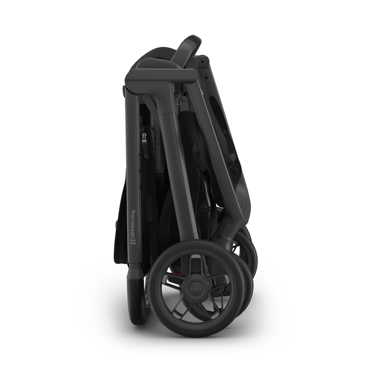 A folded stroller shown from the side on a clean white background. The stroller features an olive green fabric body with a dark gray frame and black wheels.