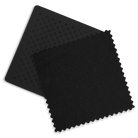 Two black microfiber cleaning cloths, one with a raised dot pattern and one with a serrated edge, shown on a white background.