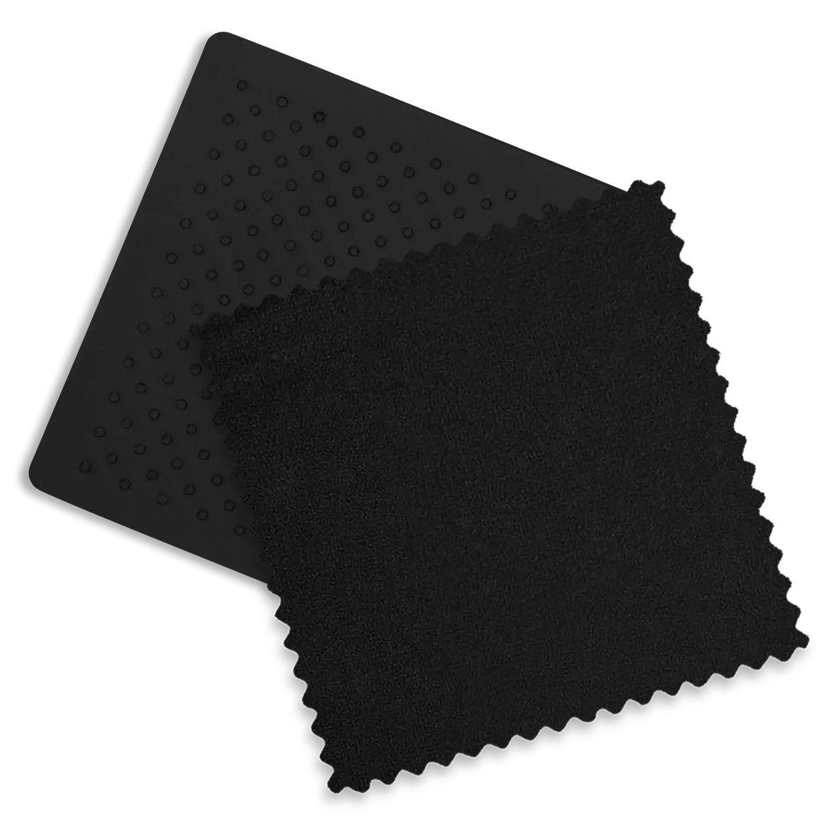Two black microfiber cleaning cloths, one with a raised dot pattern and one with a serrated edge, shown on a white background.