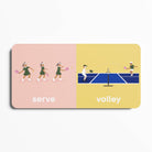 Two cards showing illustrations of a tennis game with 'serve' on the pink side and 'volley' on the yellow side.