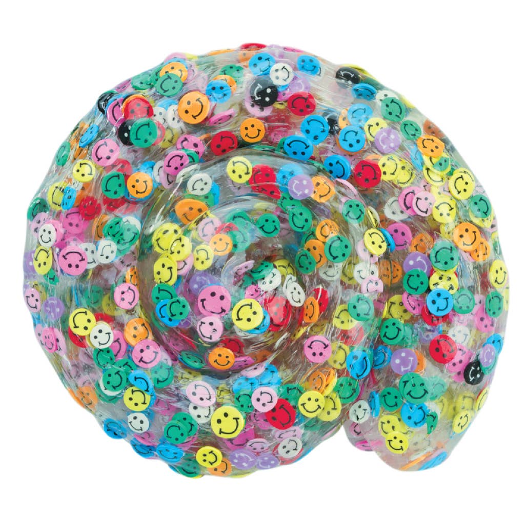 Transparent ball filled with colorful smiley face beads on a white background