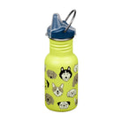 Yellow water bottle with dog illustrations and a blue lid on a white background