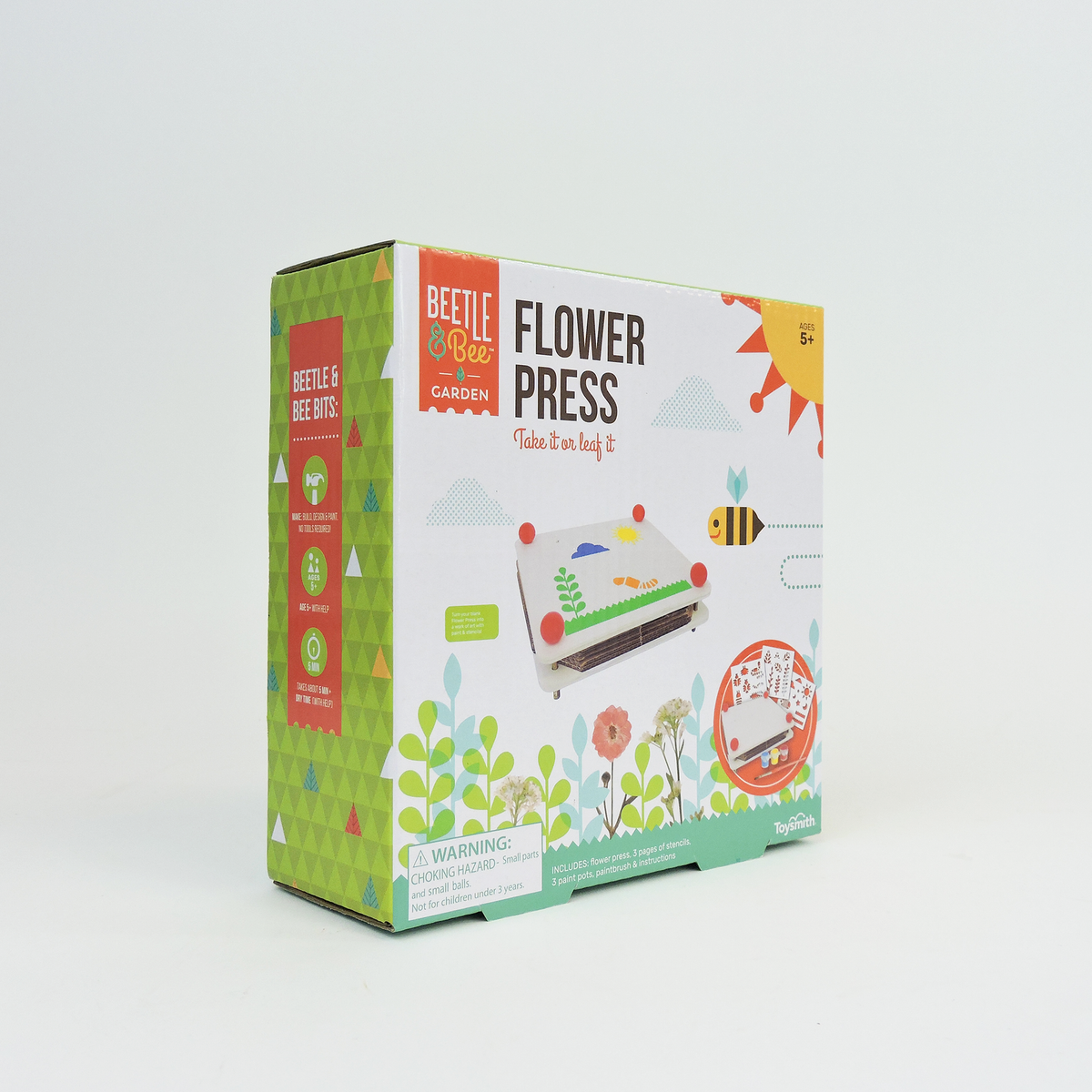 Box of a flower press toy with colorful design on a white background