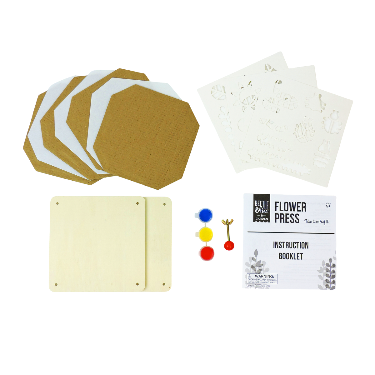 Flower press kit with gold压花板, white flowers, yellow board, colorful weights, and instruction booklet on a white background.