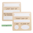 Two wooden signs with text for the first and last day of school, with a marker included.