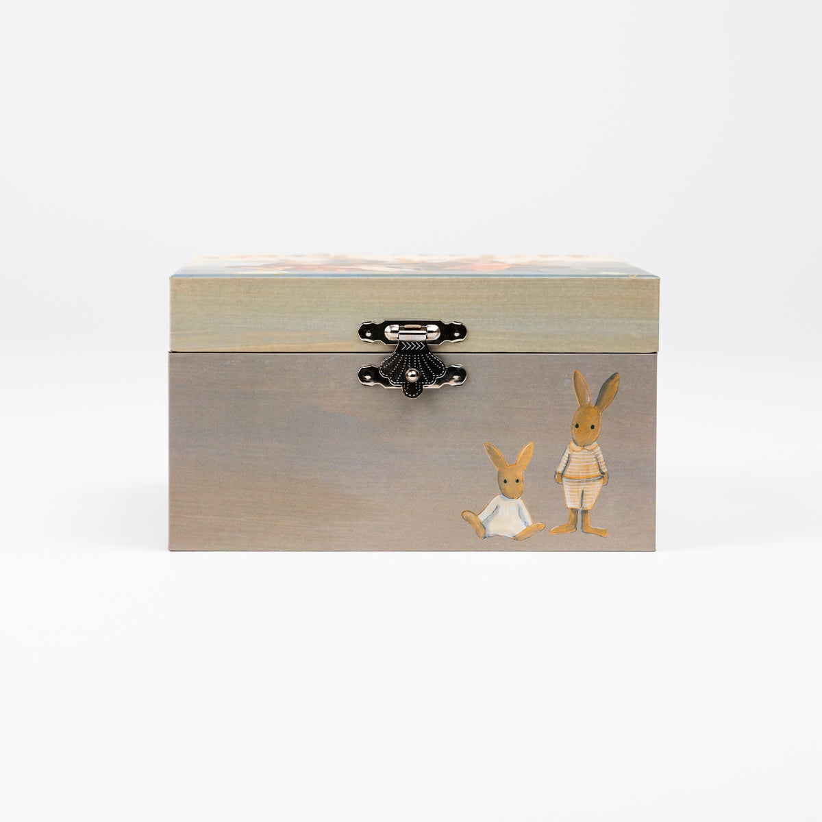 A rectangular wooden storage box with a hinged lid, featuring a hand-painted design of two rabbits on the front. The box has a black metal latch on the front and a painted top lid, photographed on a clean white background.