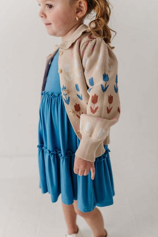 Child wearing a blue dress with a beige cardigan featuring colorful bird patterns on a plain background