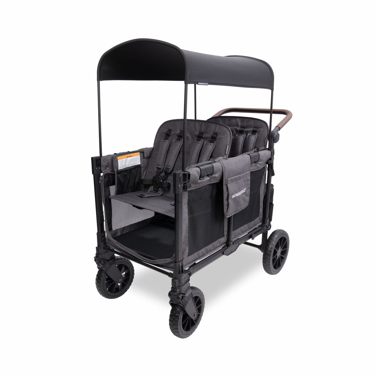 Black and gray double stroller with canopy on a white background