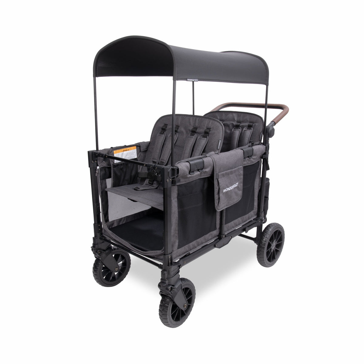 Black and gray baby stroller with canopy on a white background