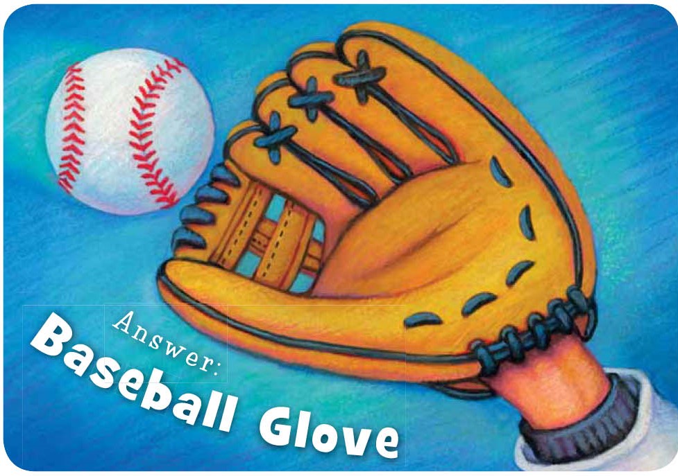 Illustration of a baseball glove and ball on a blue background with text 'Answer: Baseball Glove'.