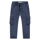 Blue cargo pants with a drawstring on a white background