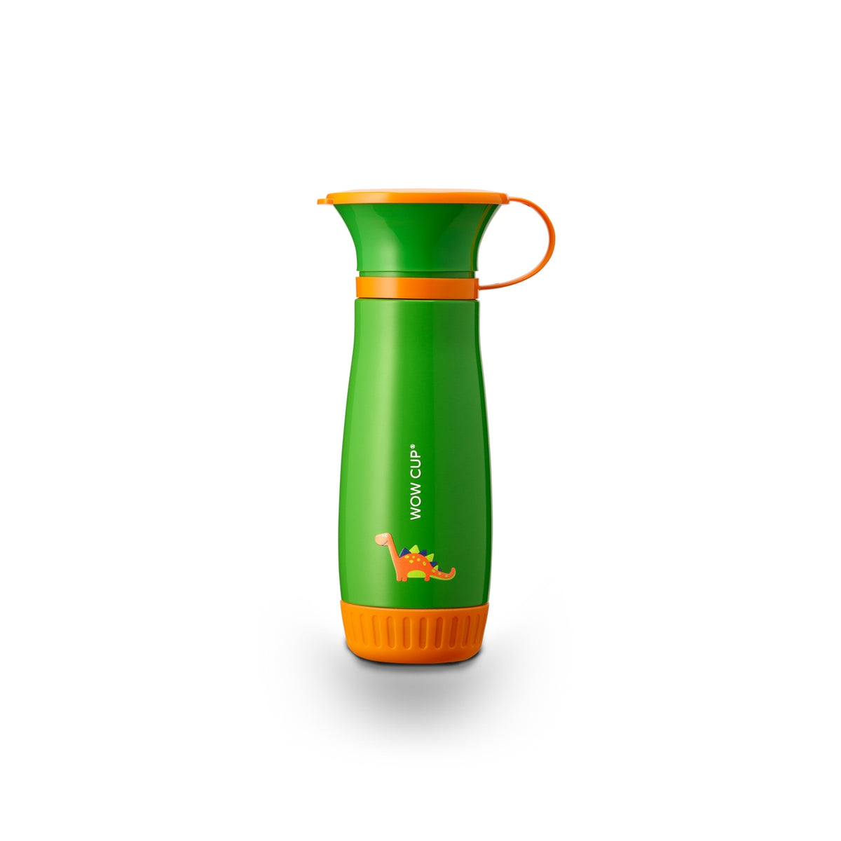 A green and orange Wow Cup water bottle with a carrying loop and a small dinosaur graphic, shown on a clean white background.