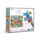 Giant puzzle box with colorful design and text on a white background