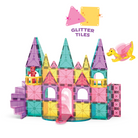 Colorful magnetic building block castle with glitter tiles on a white background