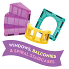 Transparent plastic window frames in purple, yellow, and teal with a banner below on a white background.